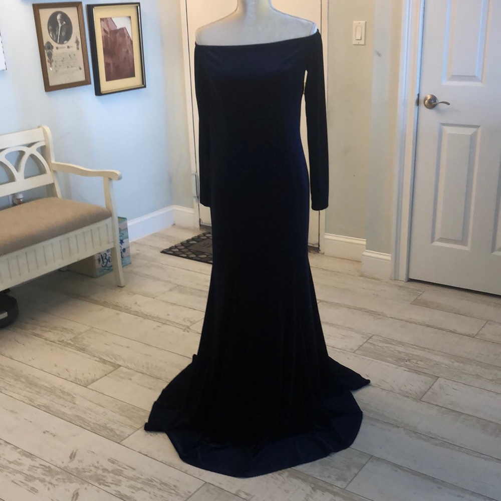 #navy velvet gown # off the shoulder